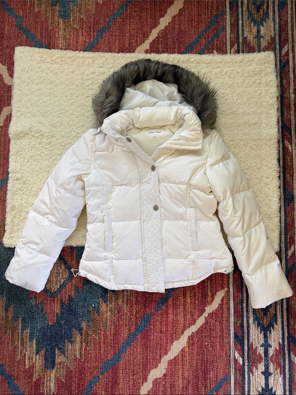 Calvin Klein White Puffer Jacket with Faux-Fur Hood Womens size large